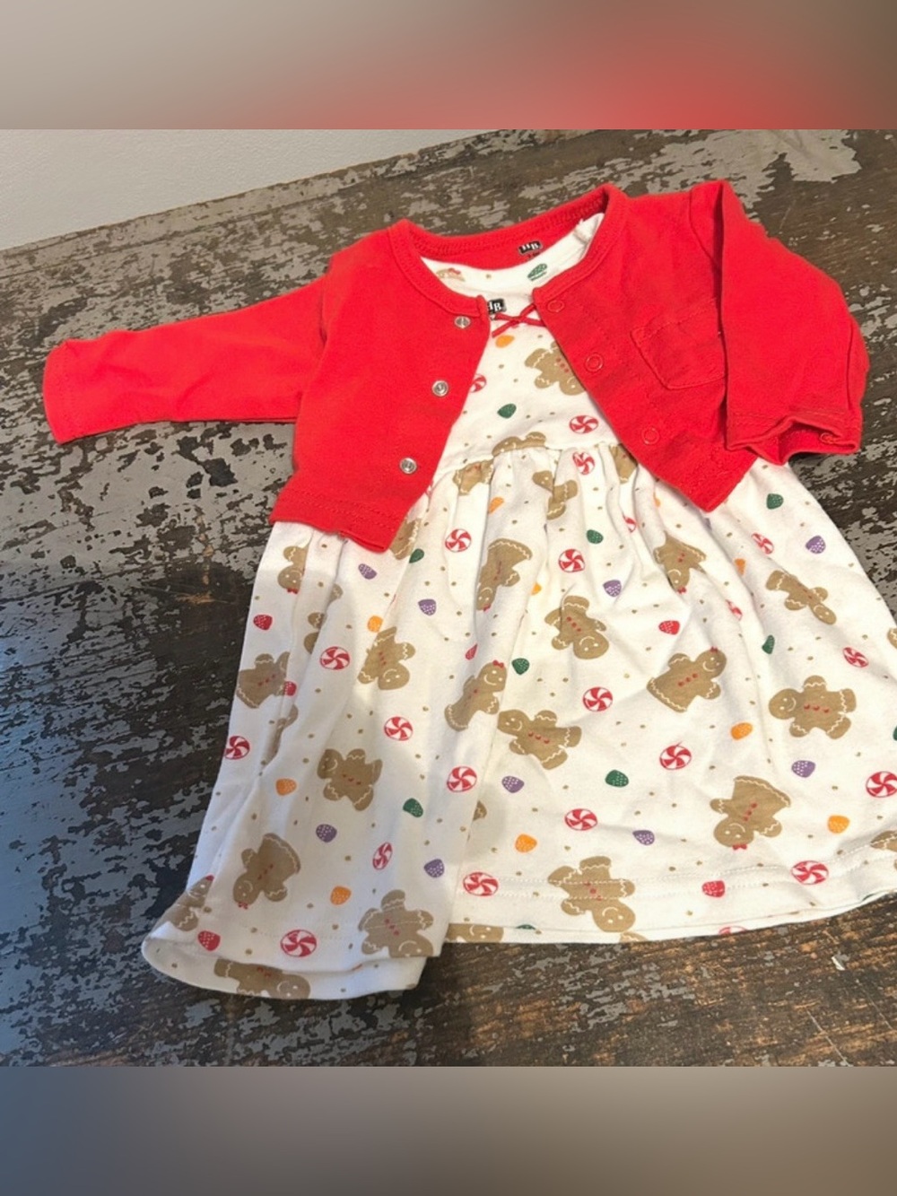 Red Cardigan with Gingerbread Print Dress
